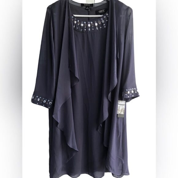 NWT Ignite Evening 2 Piece Purple/Eggplant Chiffon Rhinestones Dress & Cardigan - Picture 2 of 10